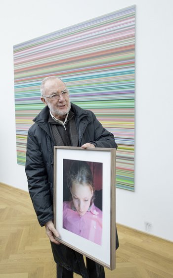 Der Maler Gerhard Richter am 25.02.2015 bei einem Pressetermin mit seinen Bildern im Albertinum