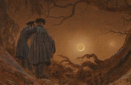 Caspar David Friedrich, Zwei Männer in Betrachtung des Mondes, 1819 Zwei Männer stehen auf einem Hügel und betrachten den Mondsichel